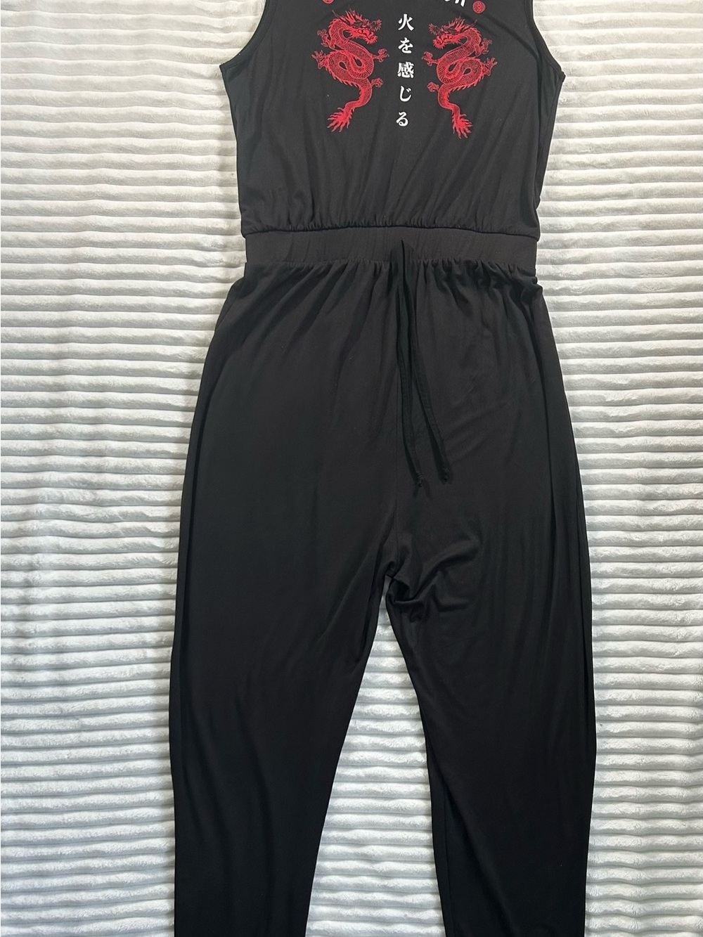J for Justify Black Sleeveless Jumpsuit with Red Dragon Motif